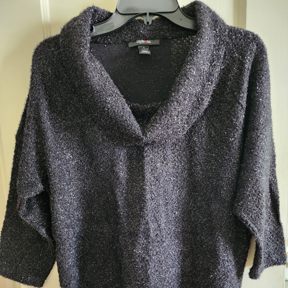 Black Shimmery Sweater with Cowl Neck, Size L